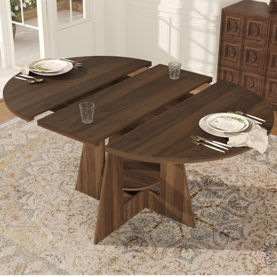 Extendable Round Dining Table, Farmhouse Table with Storage Shelf & Wood Pedestal Base, Light Walnut
