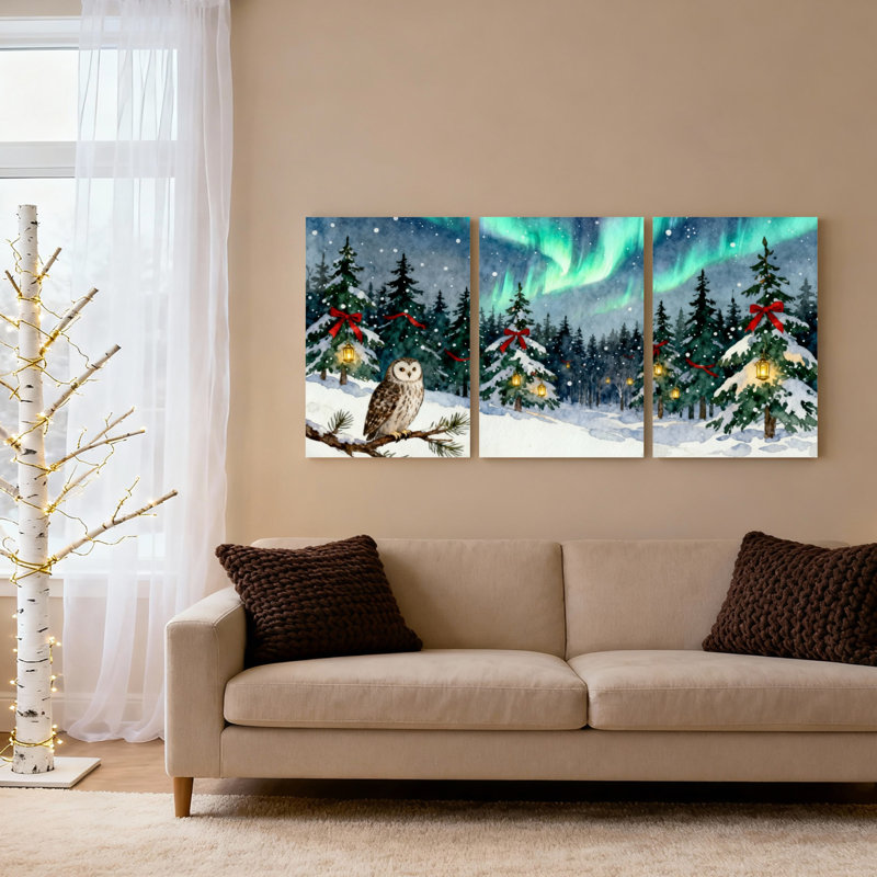 Ensemble de 3 tableaux sur toile tendue représentant un hibou des forêts d'hiver, des aurores boréales et un sapin de Noël.