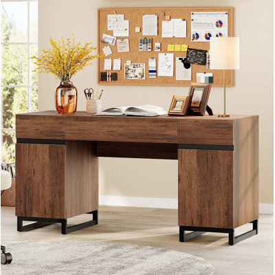 WAMPAT Home Office Furniture Set: 59" Executive Desk With Charging Station And Storage Cabinet, 72" Tall Bookcase, Modern Computer Desk And Library Shelf For Work Study