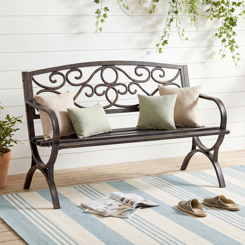 Banc de jardin extérieur, banc de parc en métal avec dossier à motif floral, pieds en arche, Tanné