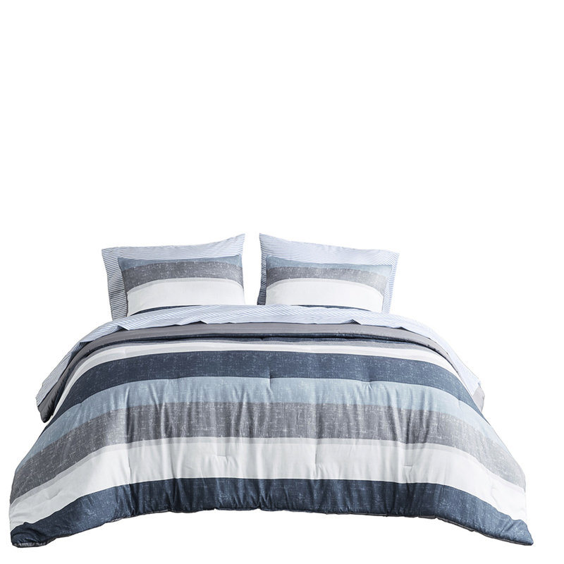 Chambre à coucher décontractée avec édredon et draps - Motif imprimé moderne gris, bleu marine et bleu