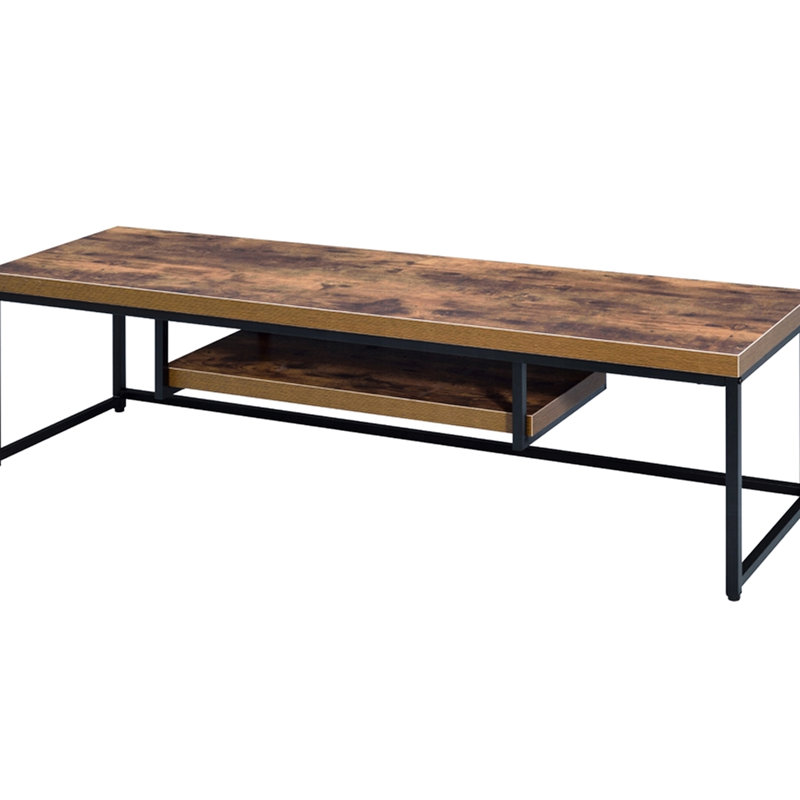 Meuble télé de style industriel, piètement en métal noir et dessus en chêne vieilli, 1 tablette pour écran plat de 60 pouces, profondeur 40 cm - Structure finie et haute