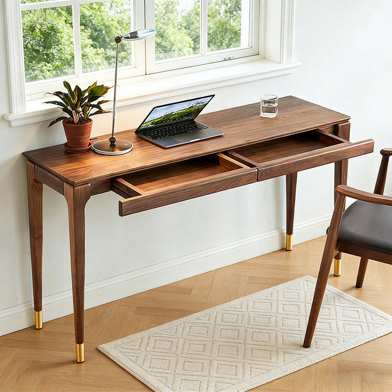 Bureau rectangulaire en bois massif avec tiroirs Walnut, Noyer, H 29,53 po x l 70,87 po x P 15,75 po