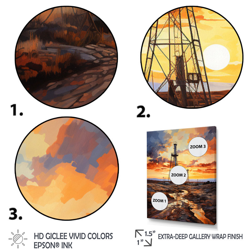 «Orange Oil Rigs Resilient Rig», reproduction sur toile, H 40 po x l 30 po x P 1,5 po, Cadre flottant doré