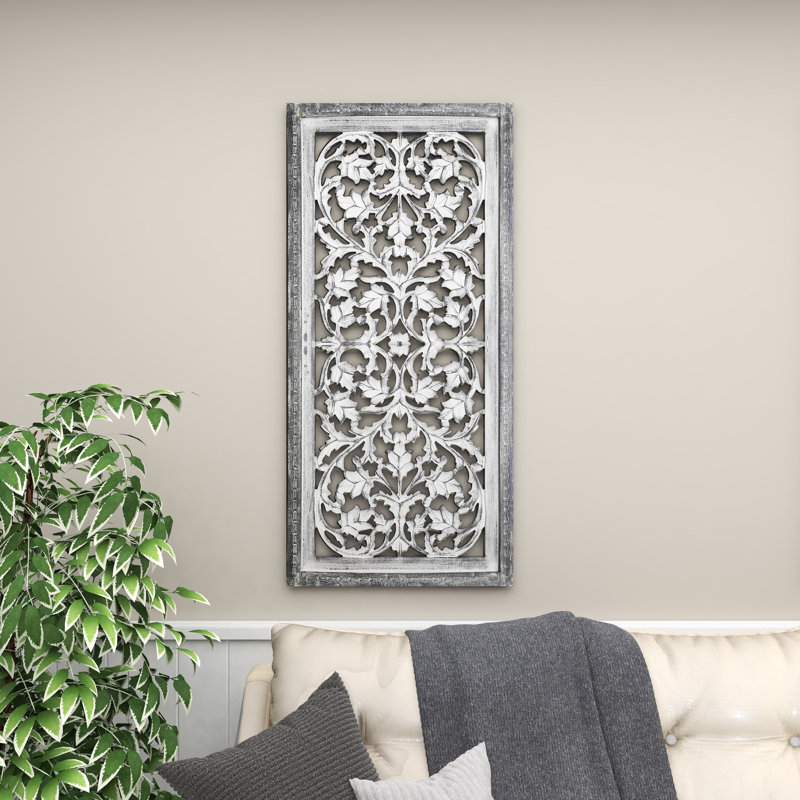 Gray Mango Wood Handmade Intricately Carved Floral Wall Panel