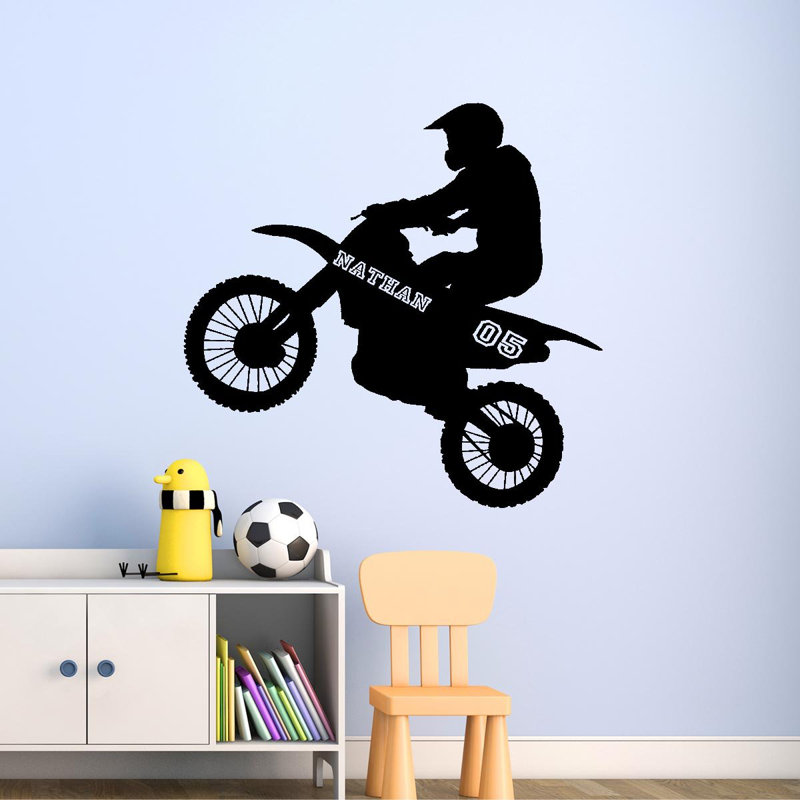 Décalcomanie murale personnalisée vélo de saleté avec nom Steeves, H 17 po x l 16 po