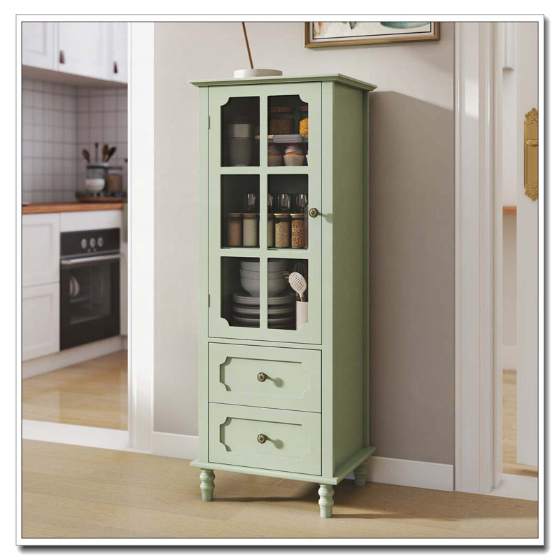 Arched Cabinet with Glass Doors and Double Drawer, Mint Green