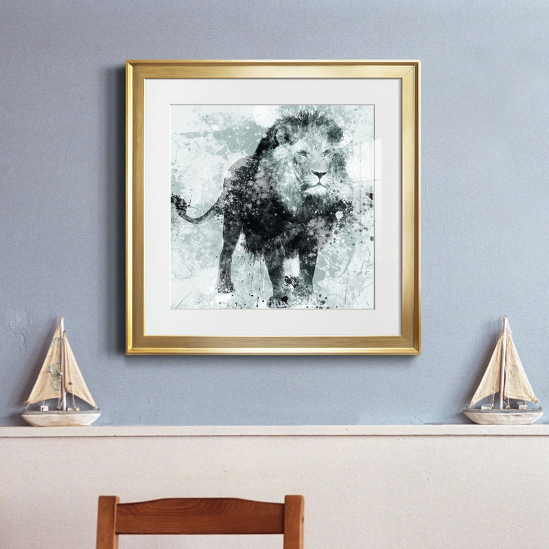 Lion - peinture encadrée, Papier encadré doré, H 17,5 po x l 17,5 po x P 1,5 po
