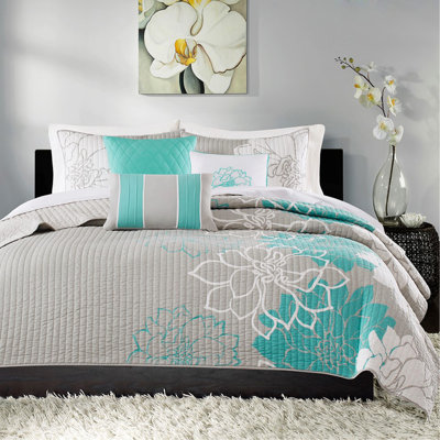 Ensemble de courtepointe en coton imprimé 6 pièces avec coussins Aqua King / Cal King