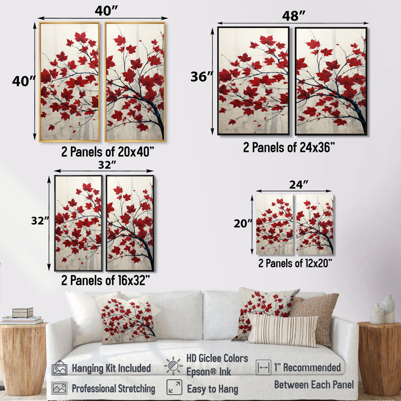 «Red Leaves Scarlet Simplicity - Floral Leaves», art mural, H 36 po x l 48 po, Reproduction encadrée sans passe-partout, Noir