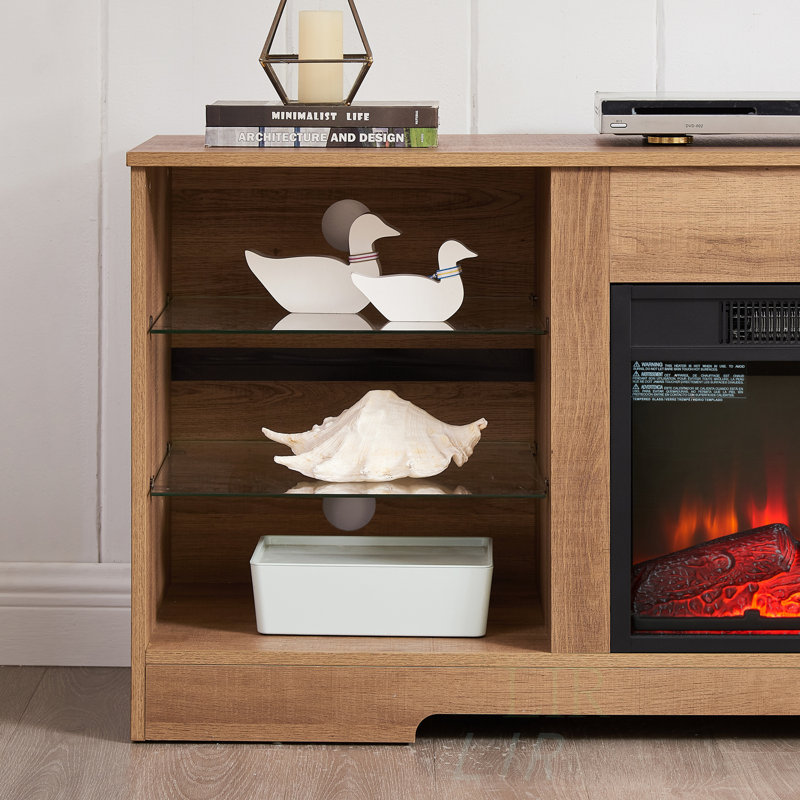 Modern 58" Electric Fireplace Tv Stand With Led Lights, Glass Shelves & Usb Charging Ports, Entertainment Center For Tvs Up To 65"
