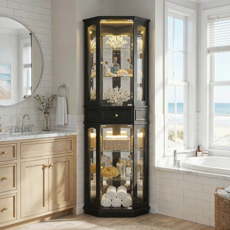 77.5" Tall Corner Curio Cabinet With LED Light, Glass Display Doors & Drawer, Black Luxury Storage Cabinet For Bathroom, Living Room