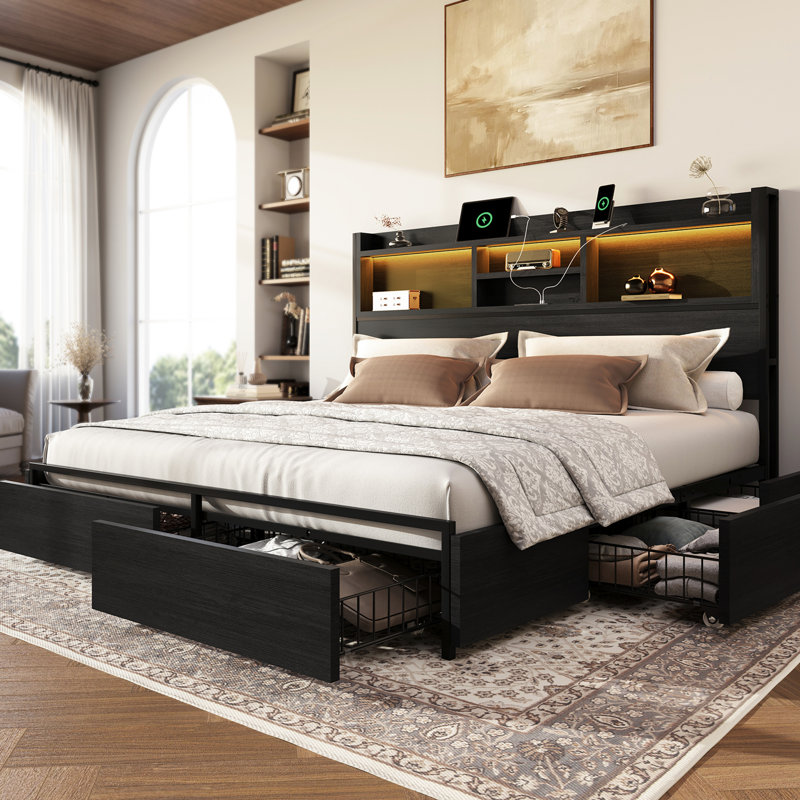 King Bed With 6 Storage Drawers, Platform Bed With Bookcase Headboard&led Light, Black, King, Black