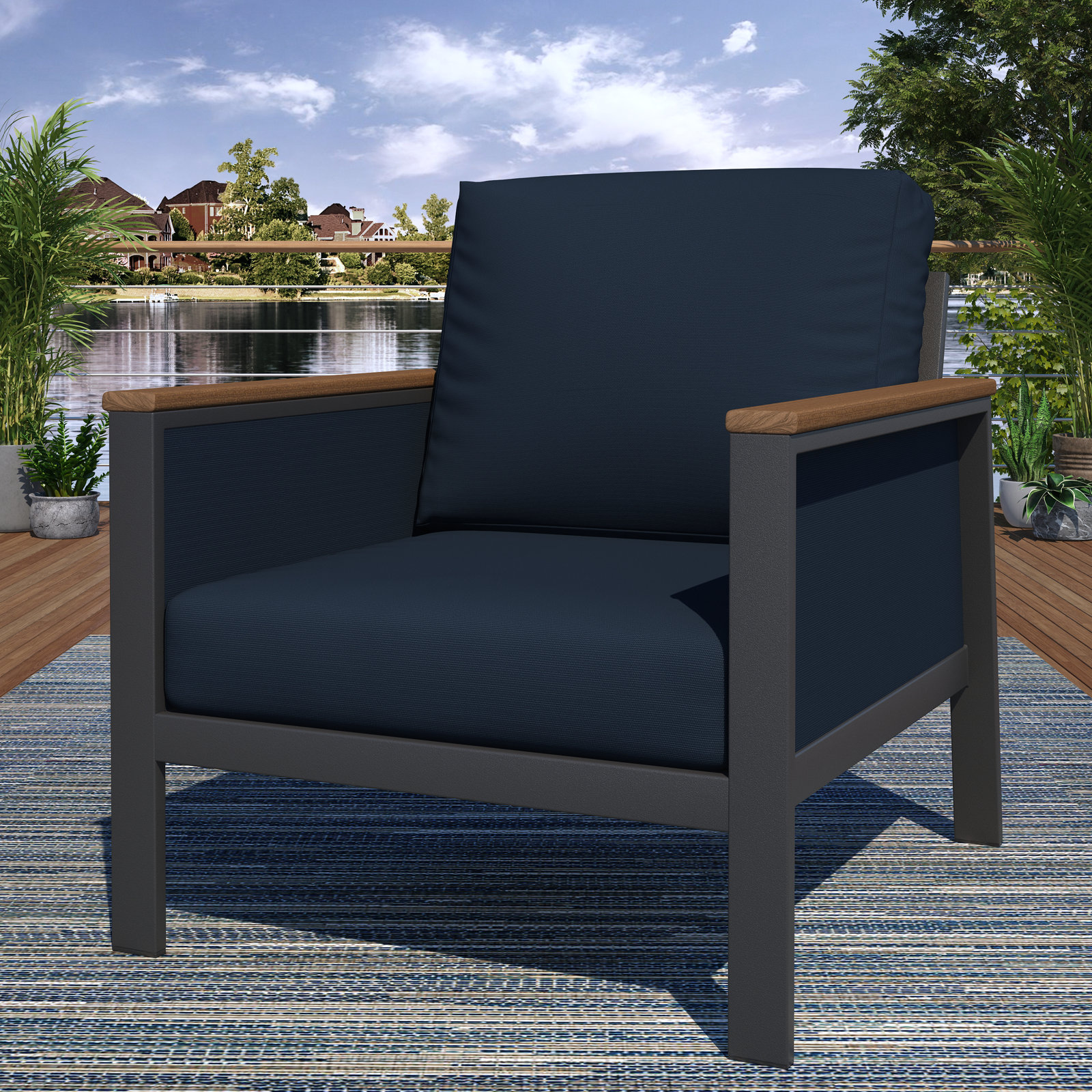 Townsend Sunbrella® Patio Lounge Chair, Canvas Navy, Brown/Canvas Navy