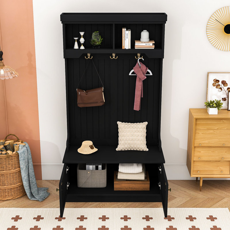 Portemanteau moderne avec banc de sièges et beaucoup de rangement, Noir