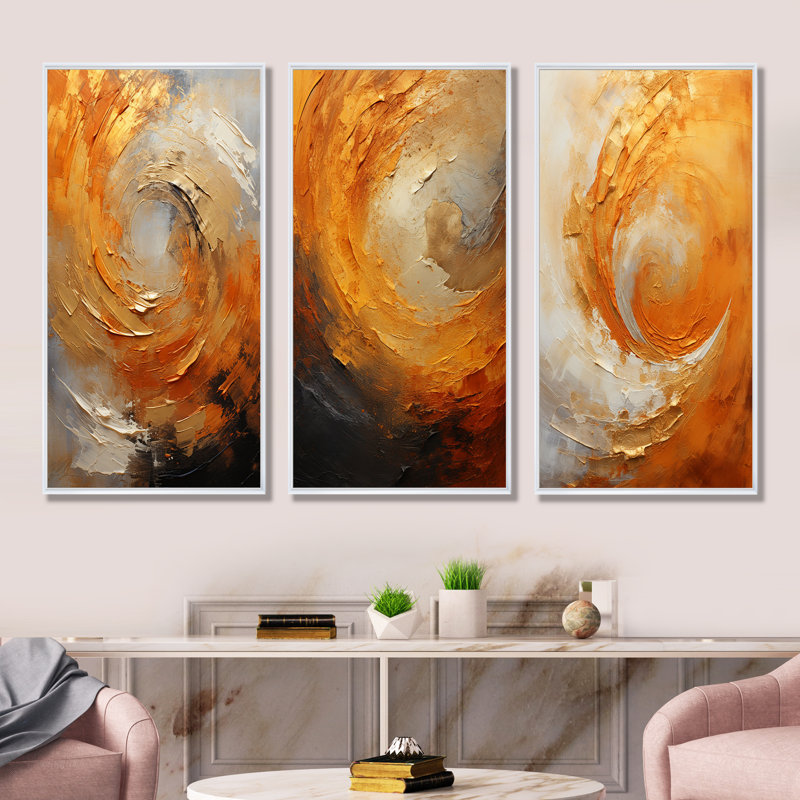 Or, orange, désert, mirage en spirale, H 32 po x l 48 po, Cadre flottant blanc