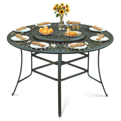  60.98" Outdoor High Bar Dining Table For 8 Person, All Weather Cast Aluminum Large Round High Top Dining Table With 30.98" Lazy Susan, Patio Bar Height Table For Garden Backyard, 2" Umbrella Hole