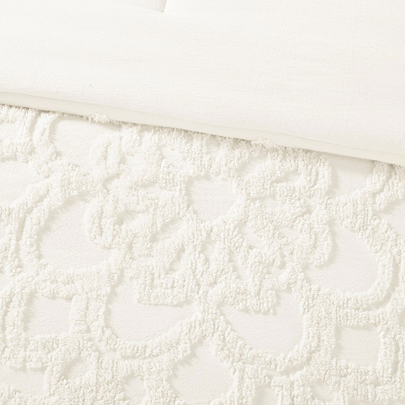 Ensemble d'édredon 3 médaillons en chenille de coton pour décor très uniforme toutes saisons, Blanc cassé
