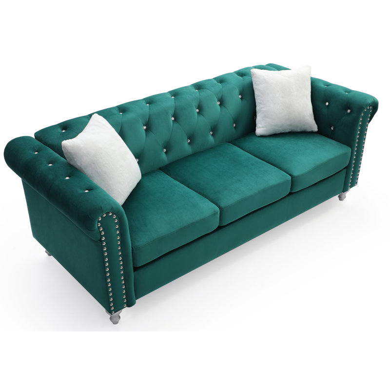Julianne 82" Rolled Arm Chesterfield Sofa, Green Microfiber/Microsuede