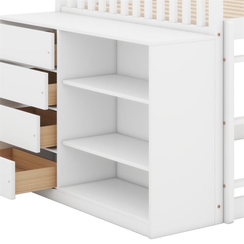 Lit superposé avec 4 tiroirs et 3 tablettes, Blanc