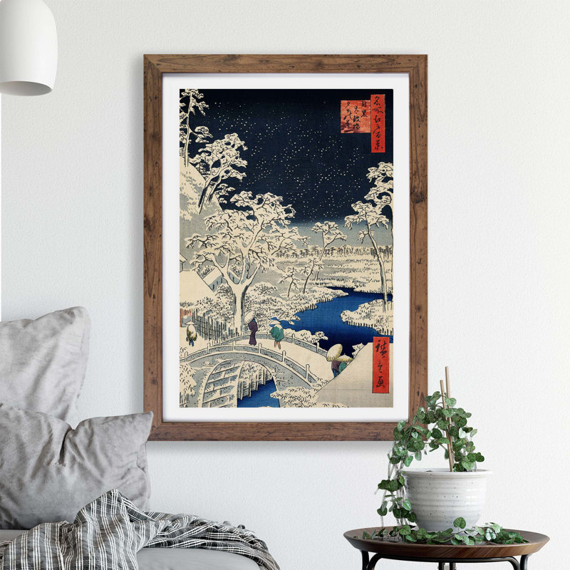 Meguro Drum Bridge And Sunset Hill by Utagawa Hiroshige - Single Picture Frame Painting, Walnut, 24cm H x 33cm W x 2cm D