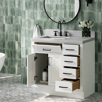 Chevron 36 Inch Left Offset Single Rectangle Vanity Bathroom Vanity with Carrara White Quartz Countertop 1.5 Inch in White
