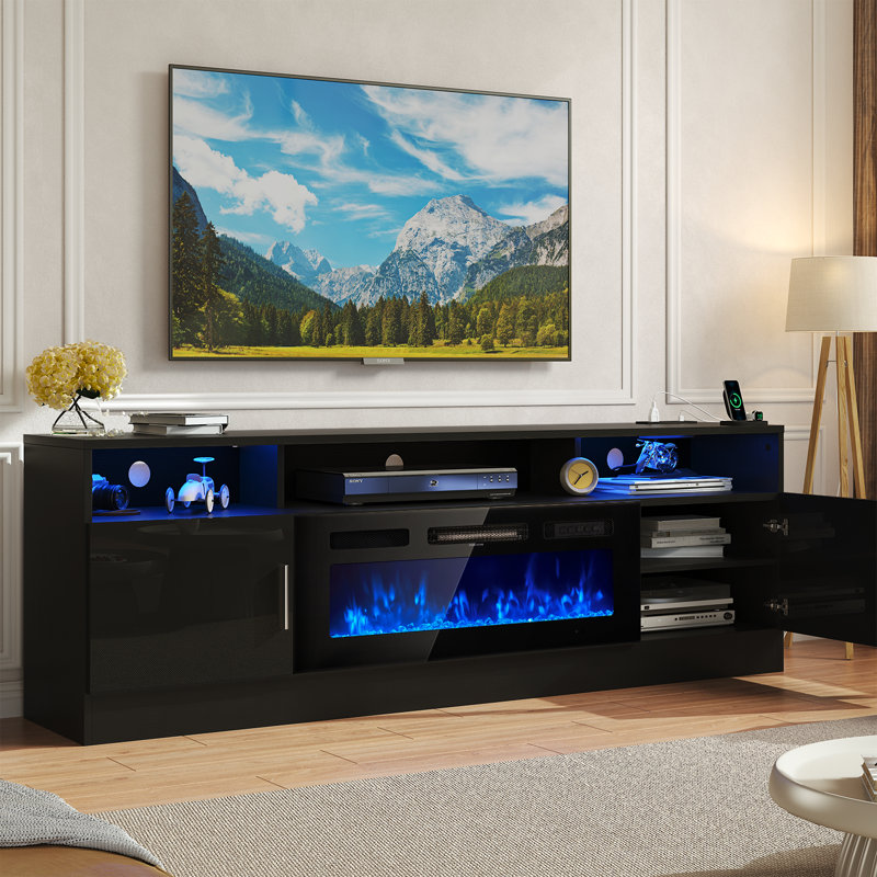 70'' TV Stand for TVs up to 80'' with Electric Fireplace, Power Outlets, LED Lights and Adjustable Shelves, Black