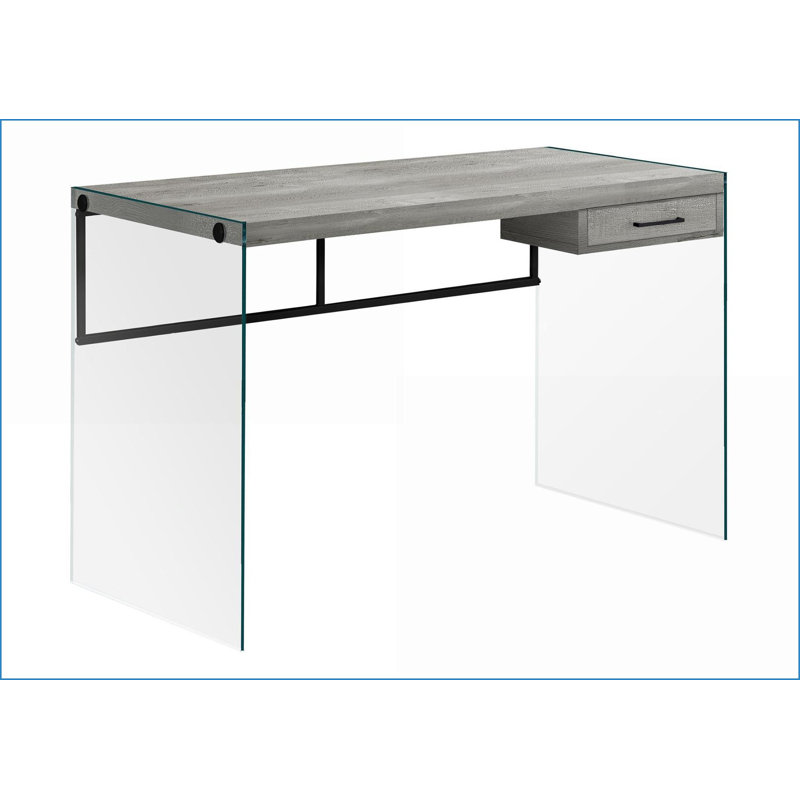 Bureaux, bureau d'ordinateur moderne de 48 po avec tiroir de rangement, stratifié gris et amp; Verre trempé transparent | Gris | Panneau de particules