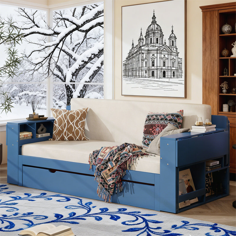 Grand lit de jour avec bureau amovible, Bleu, Grand lit