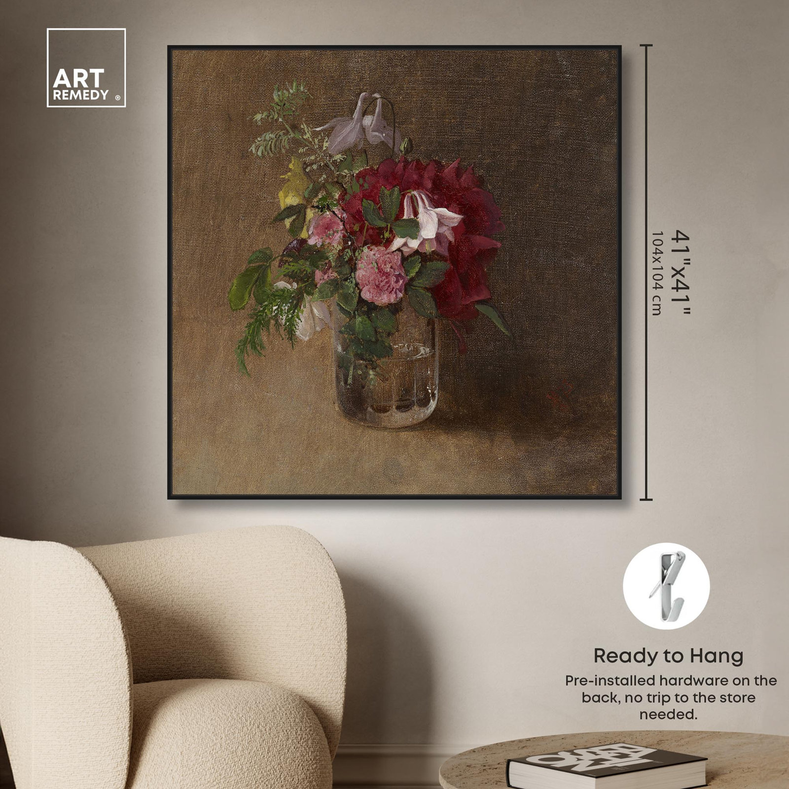 Flowers In A Glass Canvas Flower Vase Glam Wall Art by Art Remedy, 41" H x 41" W, Black Framed