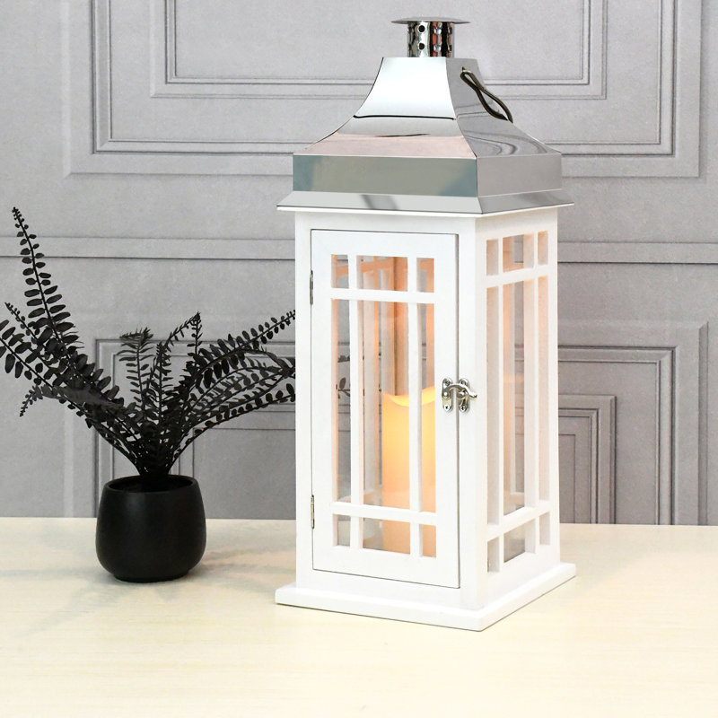 White with Chrome Roof Wooden Lantern with Battery Operated Candle