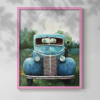 Camion bleu rétro, reproduction encadrée - bois massif