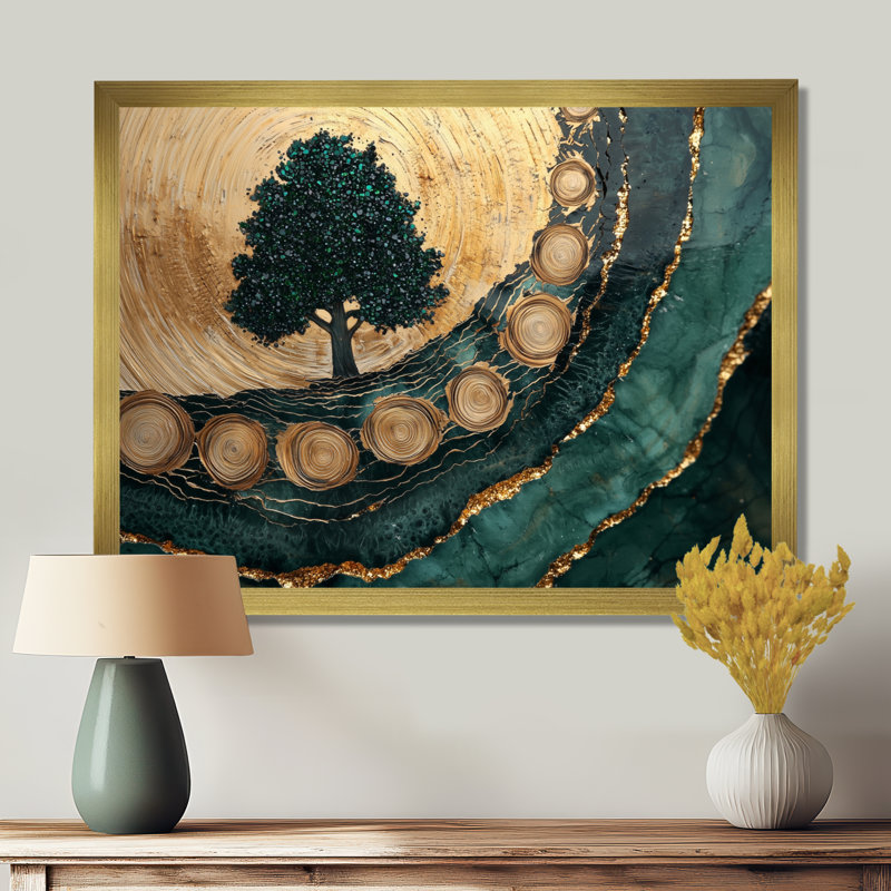 «Pine Forest Landscape On Emerald Horizon III», art mural sur toile forêt, H 34 po x l 44 po, Doré
