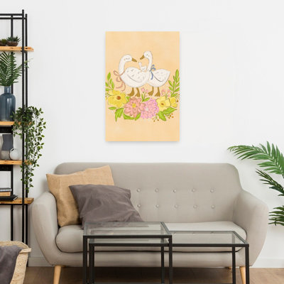 «Sweet Goose Family Bloom», oiseau contemporain, oie, nature, printemps, art mural
