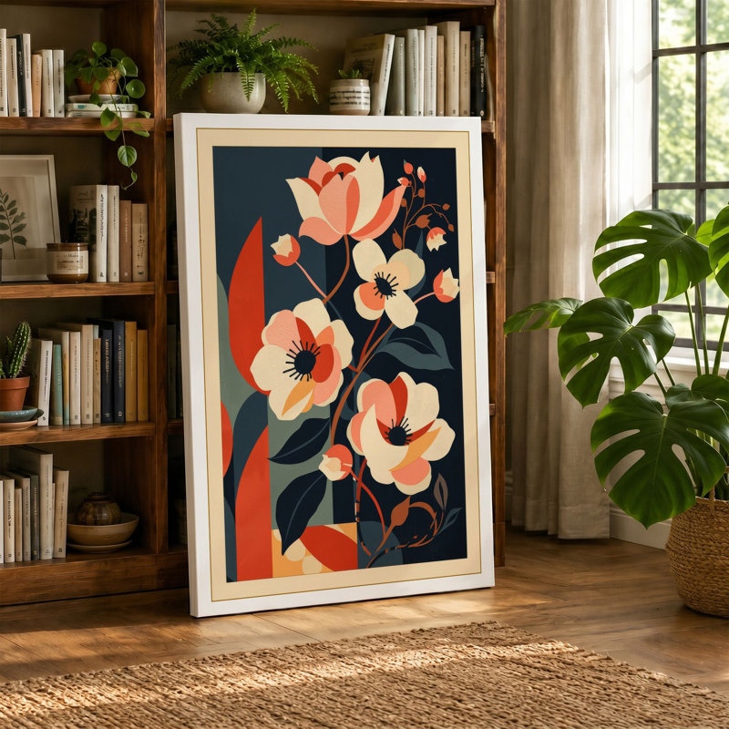 Peachy Blooms on Navy Botanical - Wrapped Canvas, 30x20 - 76.2 x 50.8 cm, Cream Border