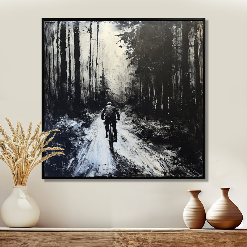 «Biking In The Winter Woods» - Décoration murale vélo, Cadre flottant noir, H 16 po x l 16 po x P 1 po