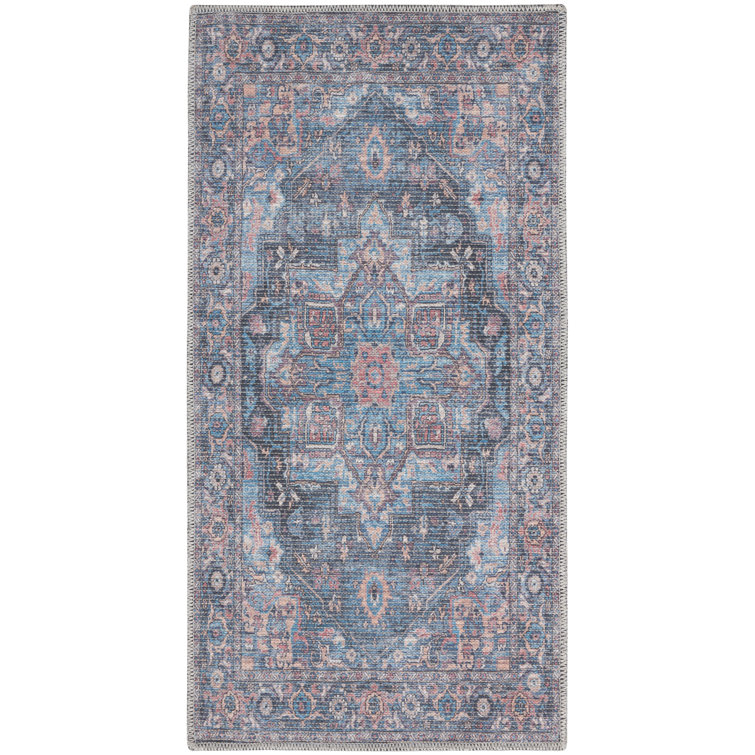 Medallion Machine Washable Polyester Area Rug in Light Blue/Orange/Gray