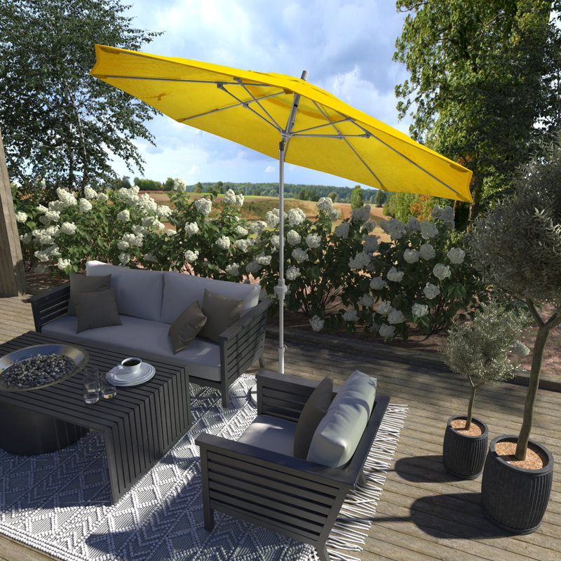 Parasol de patio blanc mat 11 pieds avec des nervures en fibre de verre et un collier inclinable en oléfine citron