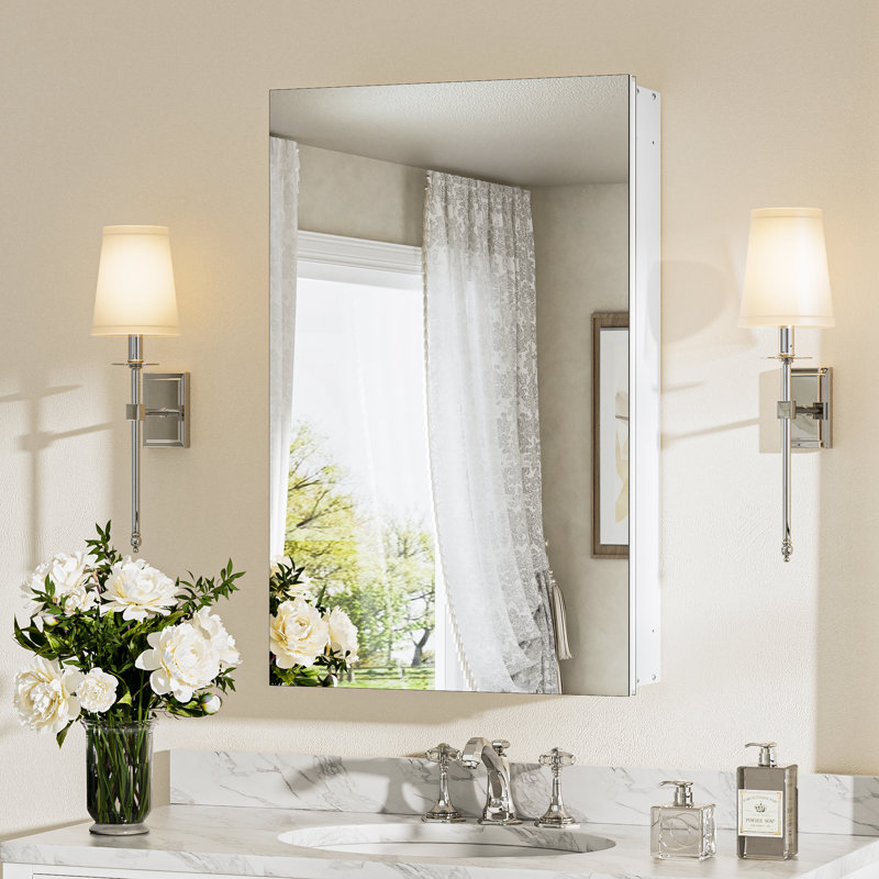 Husai Recessed or Surface Mount Aluminum Frameless Medicine Cabinet With Mirrored Door and Adjustable Shelves, White