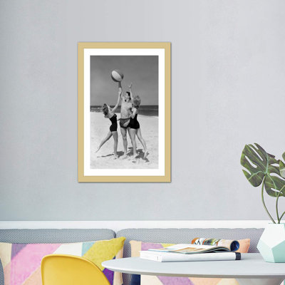 " 1950s Teens Jumping for Beach Ball Wearing Swim Suits " Black and White Photography Print