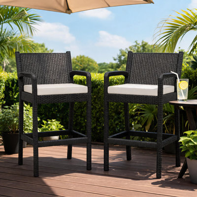 Outdoor Wicker Bar Stools Set of 2, 30 Inch Seat Height Patio Barstools with Thickened Cushions, All-Weather Wicker Rattan Bar Chairs with Backrest & Footrest for Backyard, Pool, Balcony.