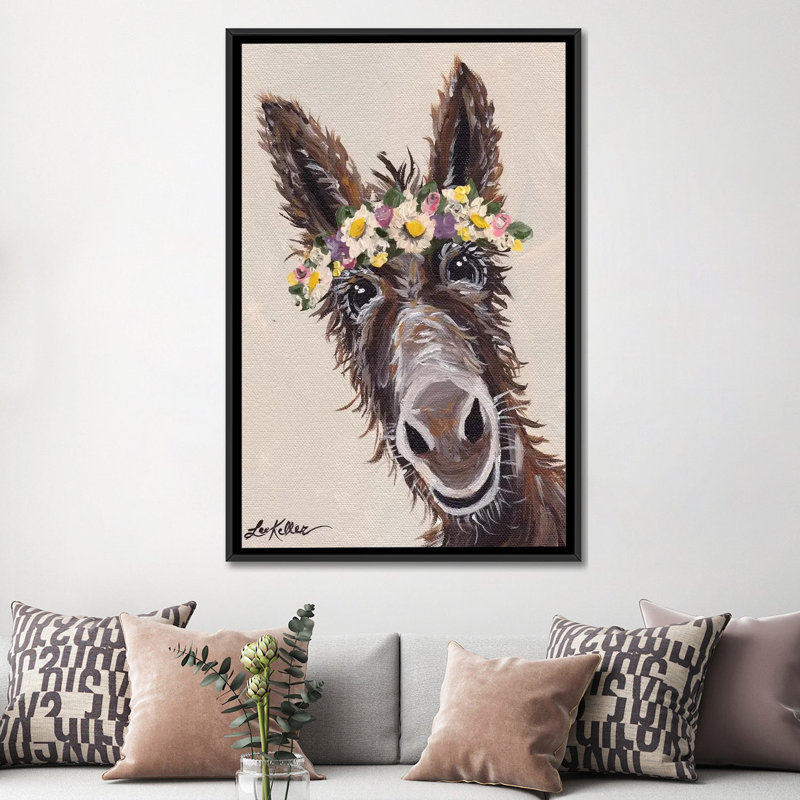 «Donkey with Flower Crown», impression sur toile, Toile avec cadre noir, H 48 po x l 32 po x P 1,5 po