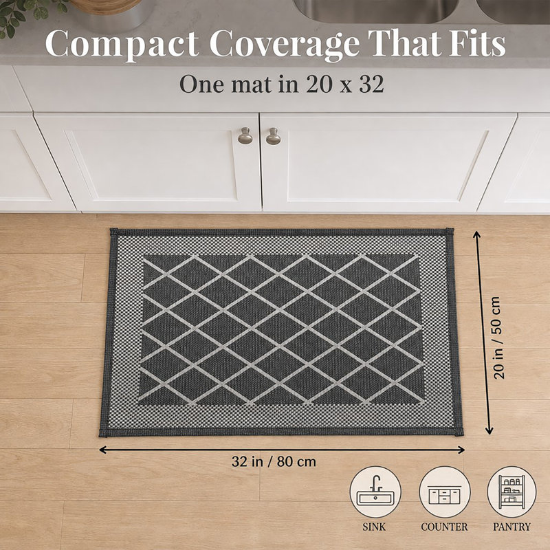 Tapis de cuisine diamant gris 20 x 32, Rectangle 1 pi 8 po x 2 pi 8 po, Motifs géométriques gris