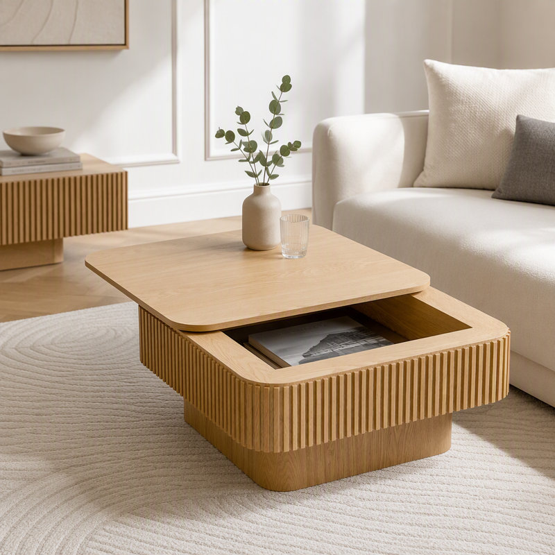 31.5'' Square Coffee Table with Storage, Natural Wood