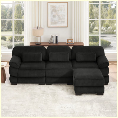 Canapé d'angle modulaire Cloud Couch 3 places en forme de L, 305 cm, avec pouf, coussins épais, revêtement en velours côtelé respirant, noir