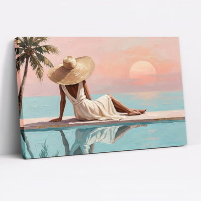 Seated Woman in Wide Brim Hat Pink Sunset Ocean Canvas Wall Art