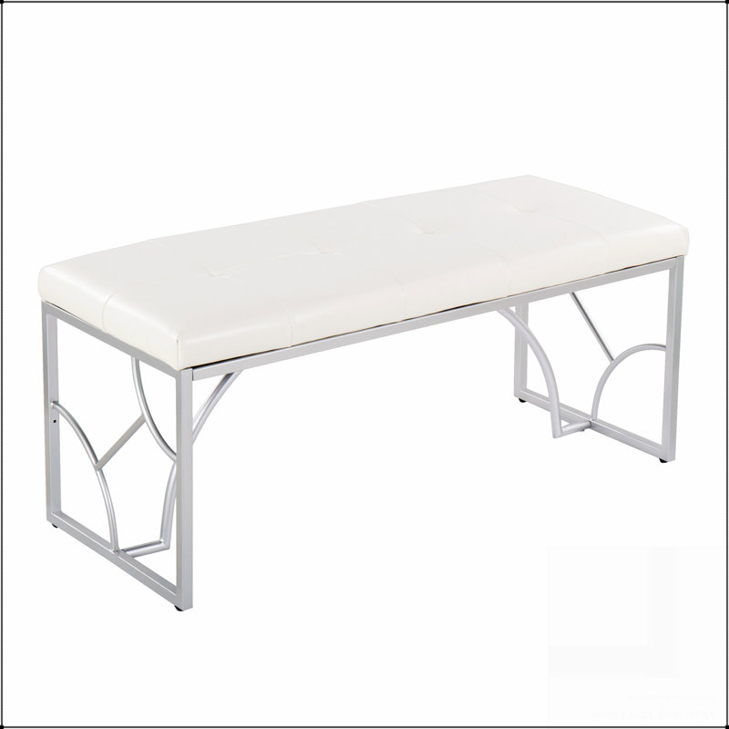 Banc contemporain en métal argenté et similicuir, Blanc