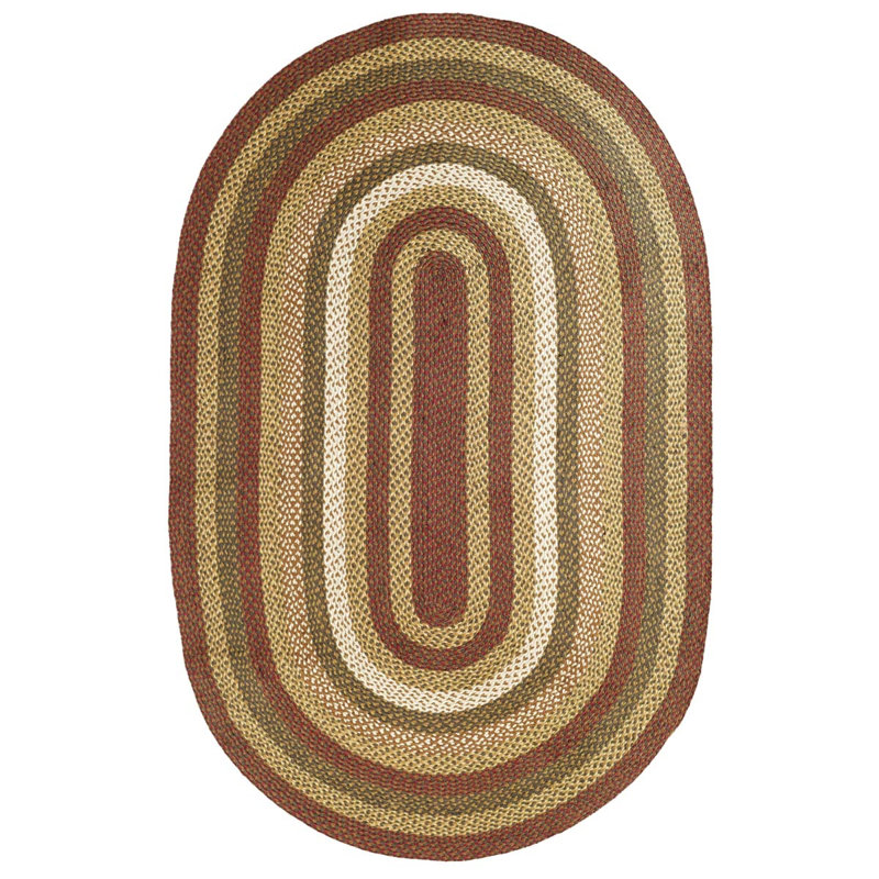 Rustic Forest Green and Crimson Red Braided Jute Oval Area Rug