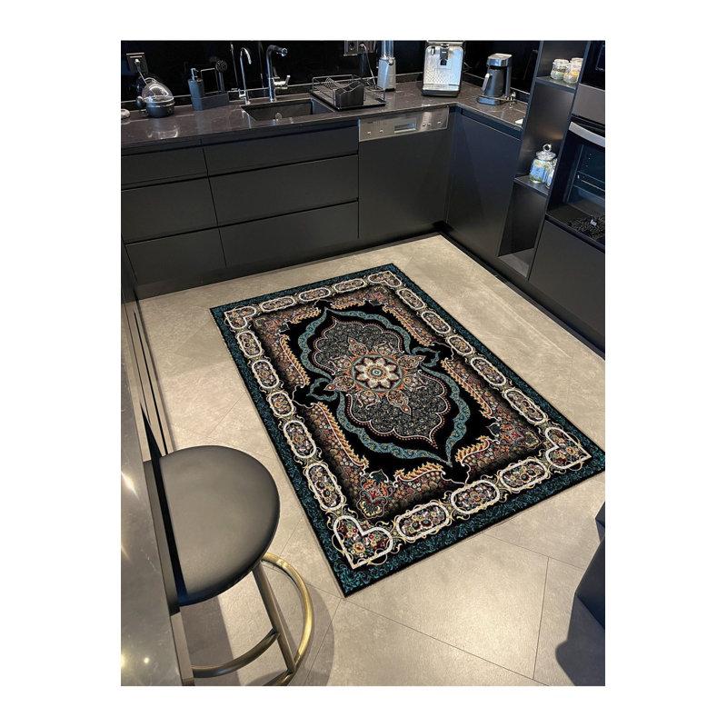 Tapis décoratif noir à motif floral multicolore, Sous-tapis rectangulaire de 3 pi 3 po x 4 pi 11 po