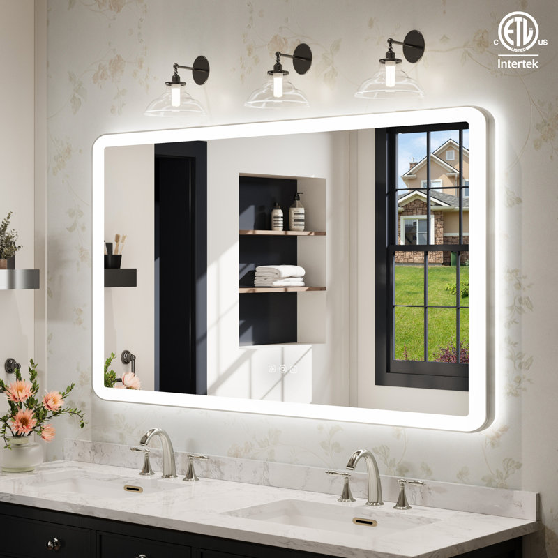 Natalin LED Wall Mirror, 55" x 30", Brushed Nickel, Rectangle